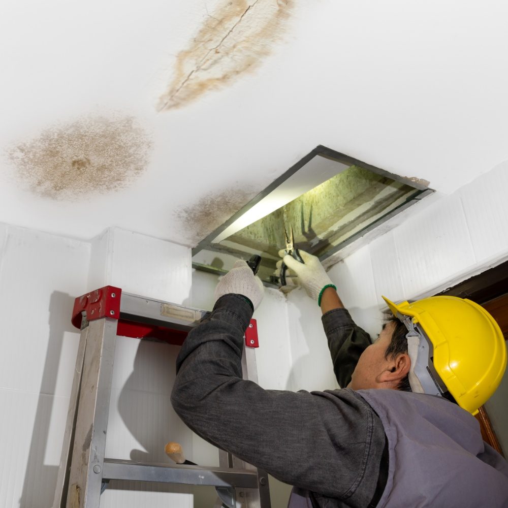 Worker on a ladder inspecting ceiling water damage from above