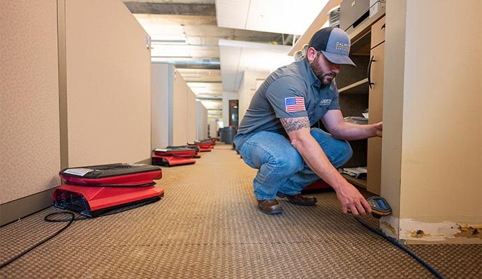 Dakolos technician inspecting a hallway with air movers running during water damage cleanup